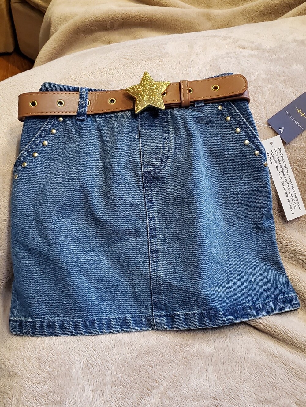 Girls Western Blue Denim Mini Skirt with Golden Star Belt/buckle